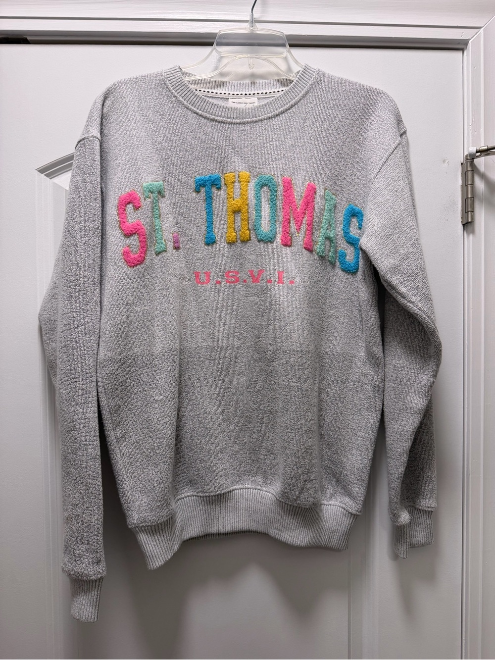 Gray 'ST. THOMAS' Crewneck Sweatshirt with Pastel Chenille Letters